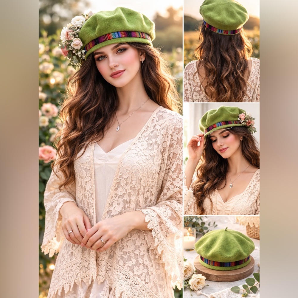 Lime Green Wool Beret with Rainbow Trim Festival Fairy‎ Grunge - Picture 9 of 9